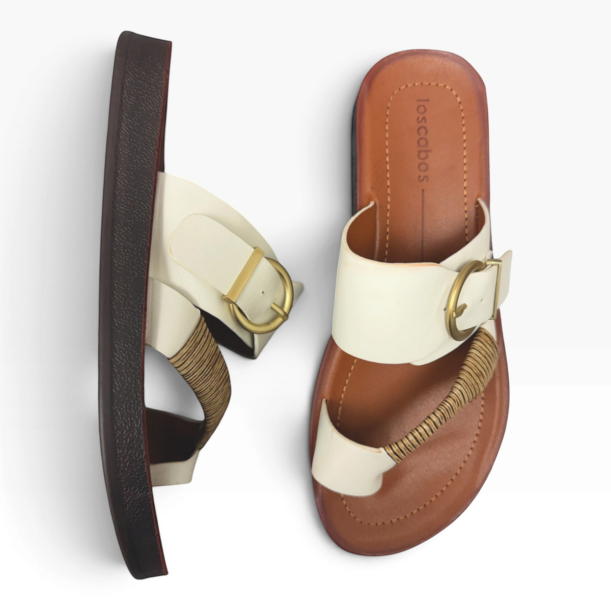 The Shoe Shop Bria Wide cream leather toe-post sandals with gold buckle and brown platform sole