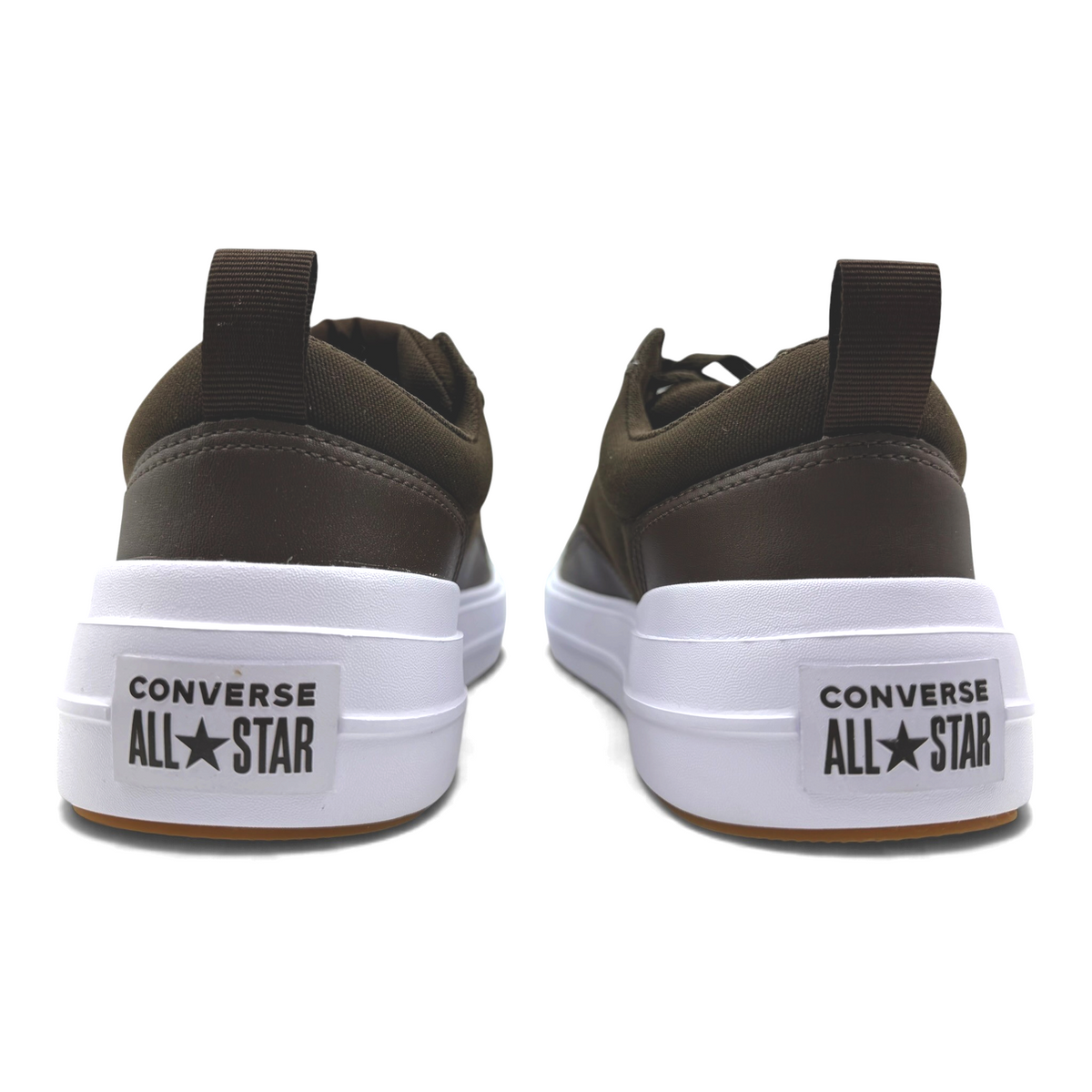 The Shoe Shop Converse All Star brown sneakers featuring a thick white rubber sole and heel pull tab, rear view.