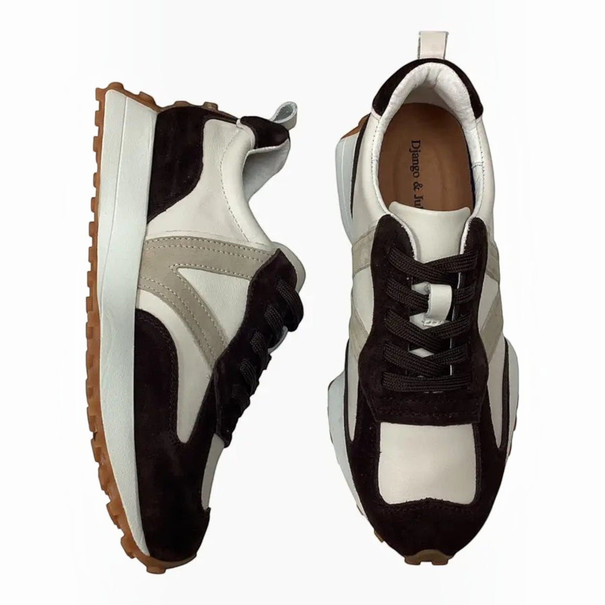 The Shoe Shop Django & Juliette women's retro-style sneakers in dark brown and cream suede and leather.