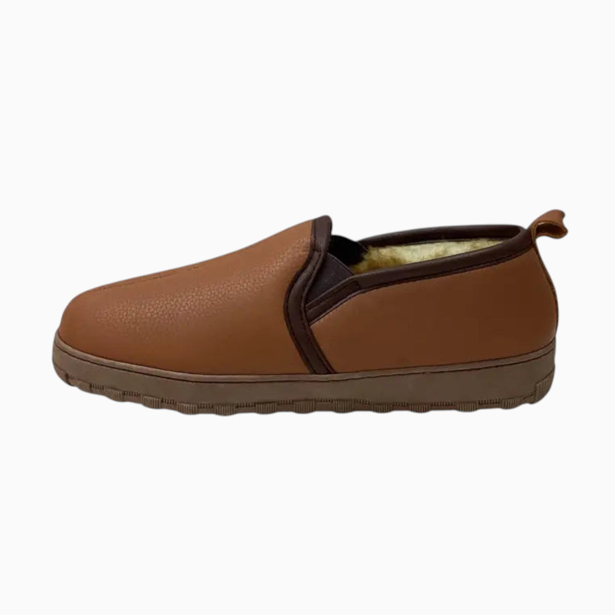 The Shoe Shop Tamarac deerskin leather slip-on slipper in brown with a warm fleece lining and rubber outsole.
