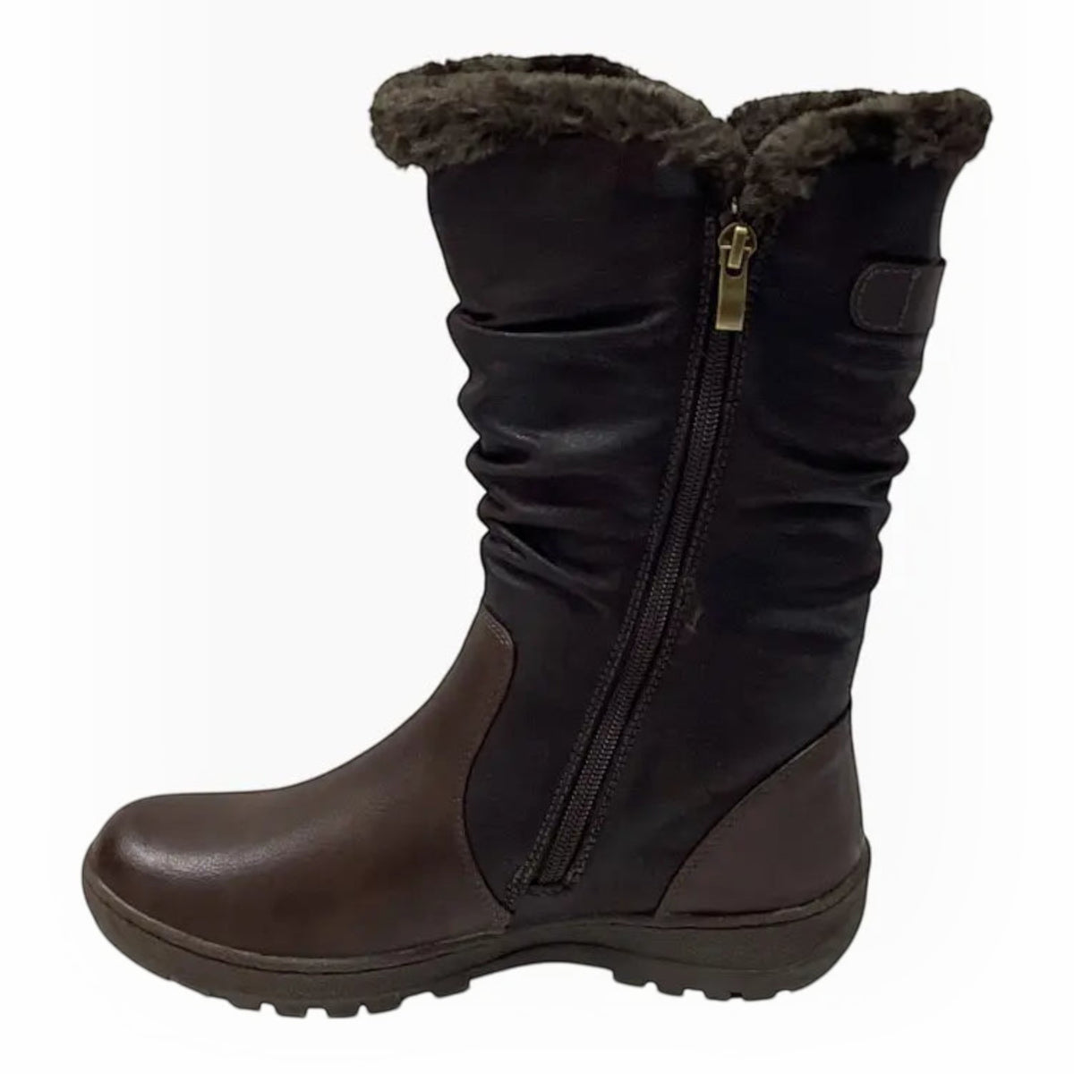 The Shoe Shop mid-calf brown winter goose boot with faux fur lining, side zipper, and non-slip grip sole.