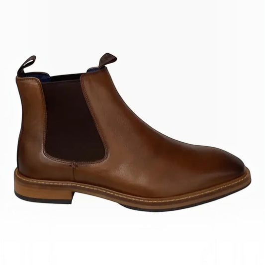 The Shoe Shop Lagoon brown leather Chelsea boot with dark elastic side panels and a stacked heel