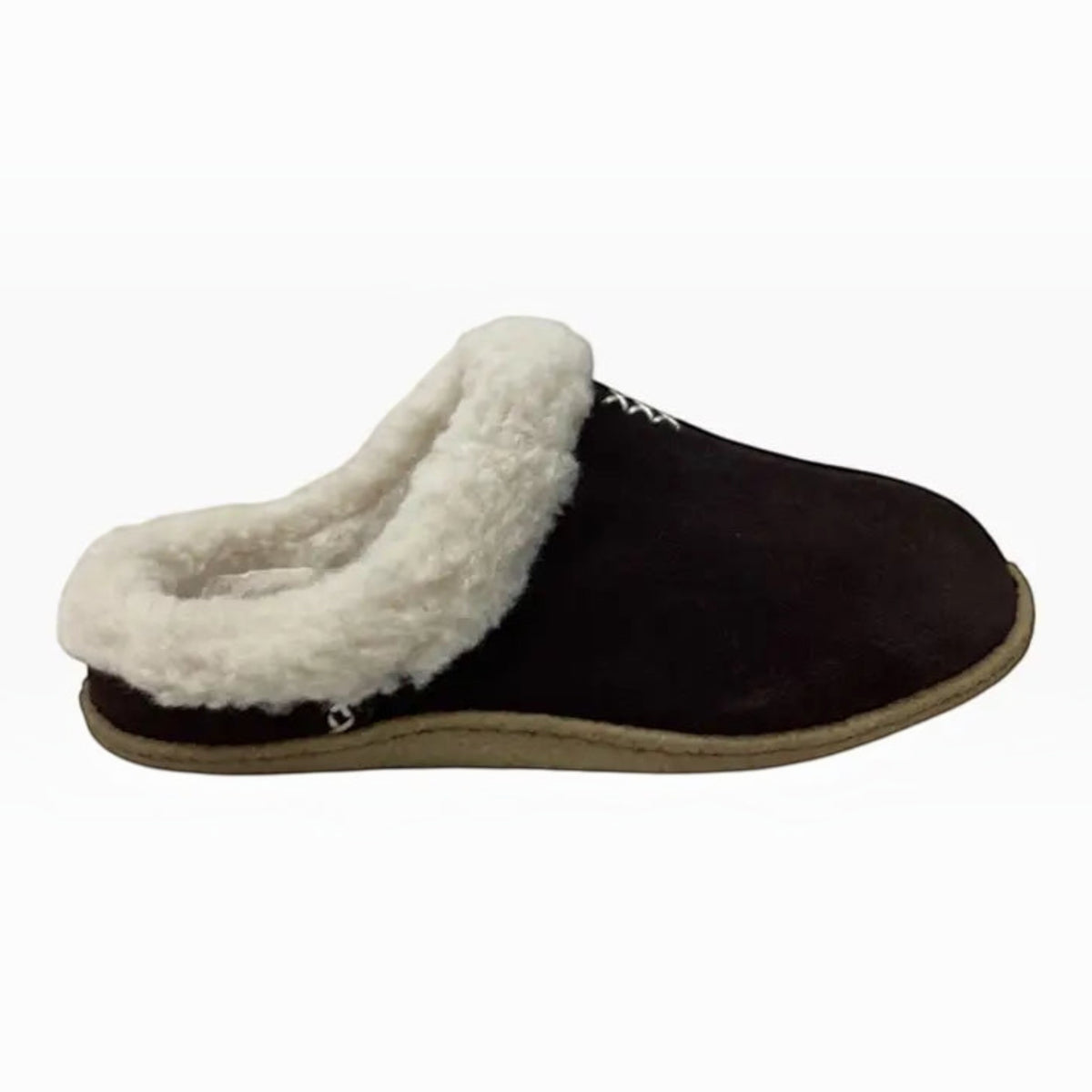 The Shoe Shop Euro Clog Slipper in dark brown leather with a plush white wool lining and durable crepe sole