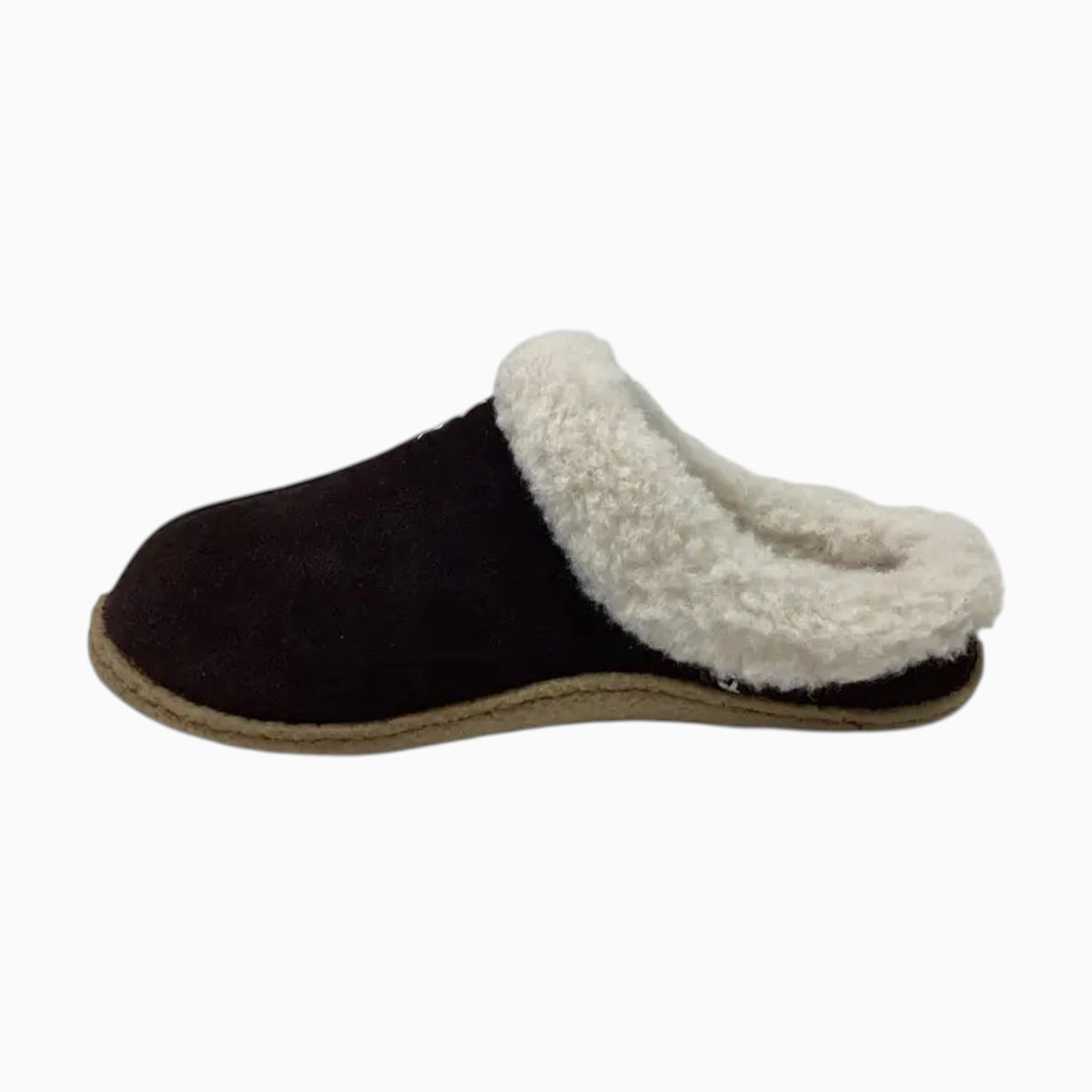 The Shoe Shop Euro Clog Slipper in dark brown leather with a soft white wool lining and durable crepe sole.
