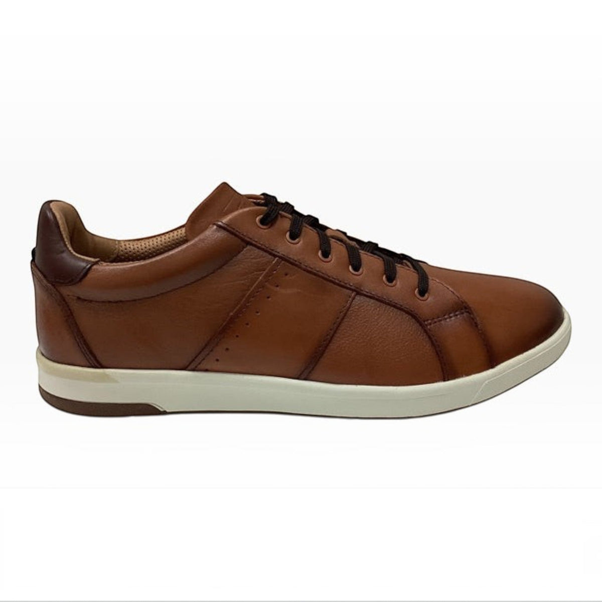 The Shoe Shop Crossover Lace Sneaker in brown leather with a white rubber sole and dark brown laces