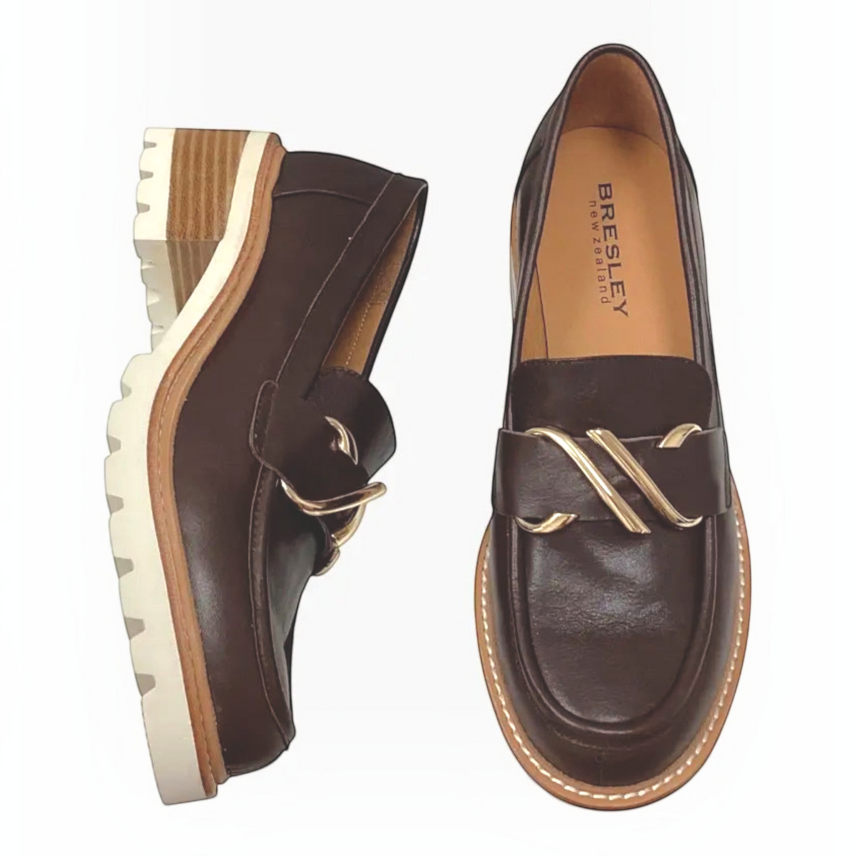 The Shoe Shop Bresley Dylan brown leather loafers with gold buckle, front zip, and chunky low block heel.