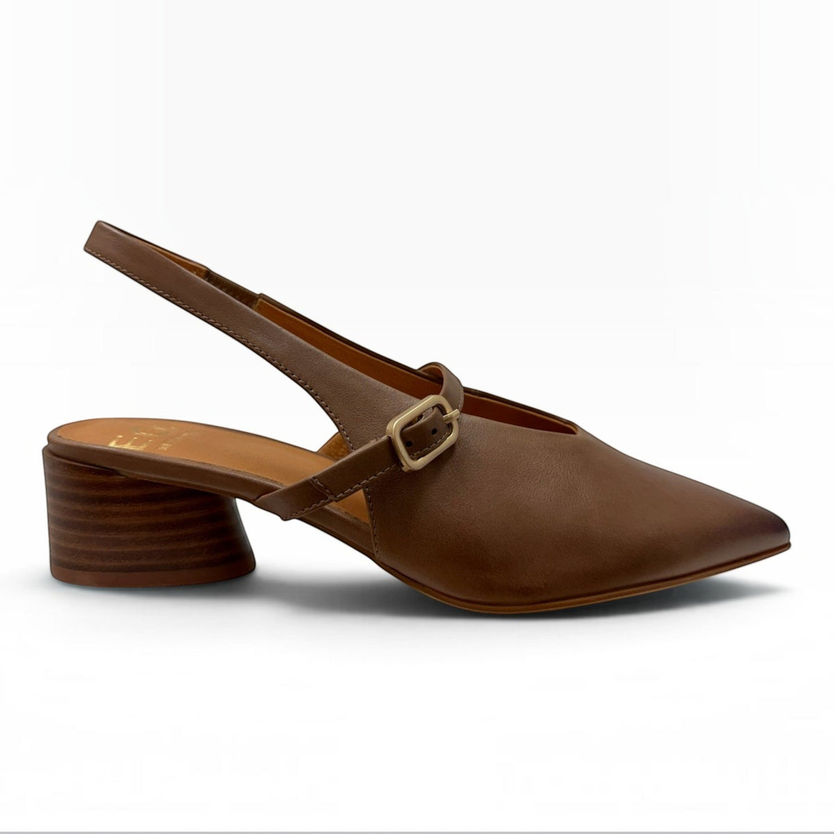The Shoe Shop Hattis Heel in brown leather with a pointed toe, low block heel, and adjustable slingback buckle strap.