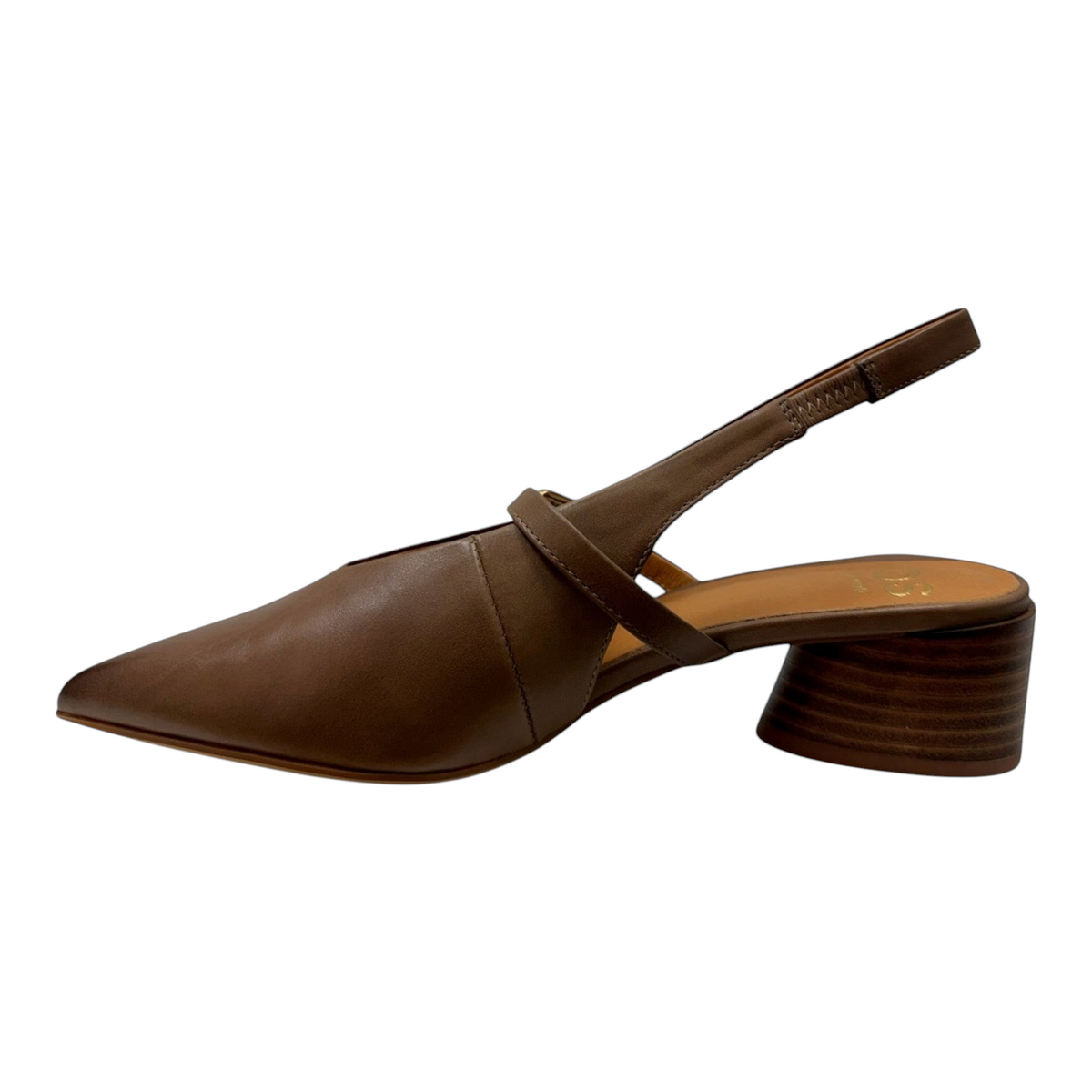 The Shoe Shop Hattis brown leather slingback heel with a pointed toe and low block heel on a white background