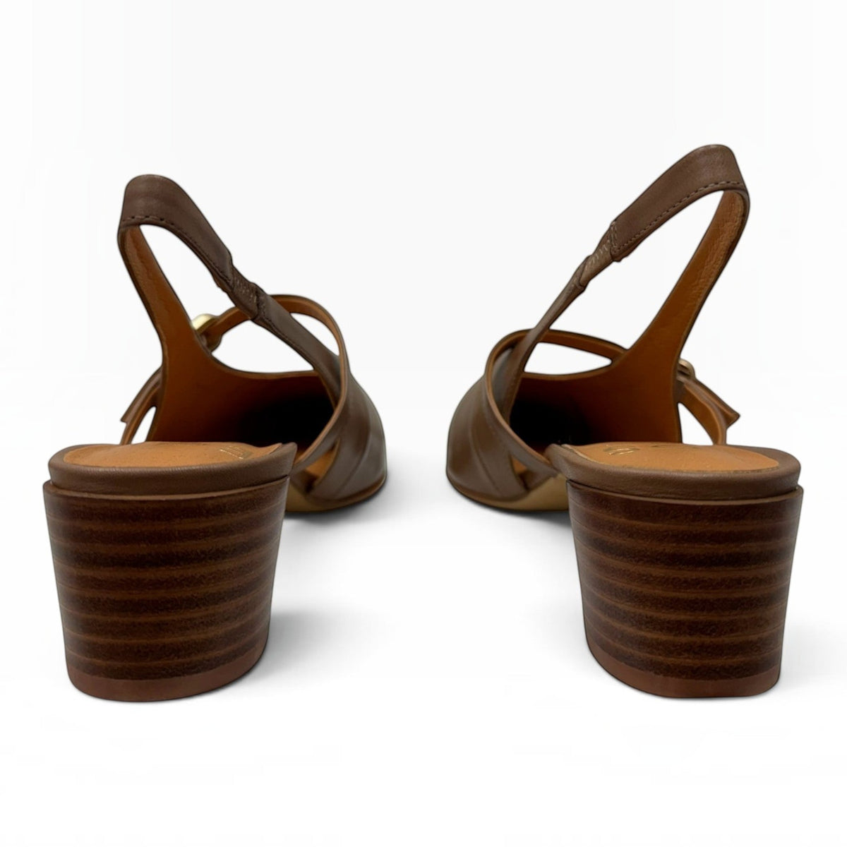 The Shoe Shop Hattis Heel brown leather slingback shoes with a low block heel and adjustable strap, rear view