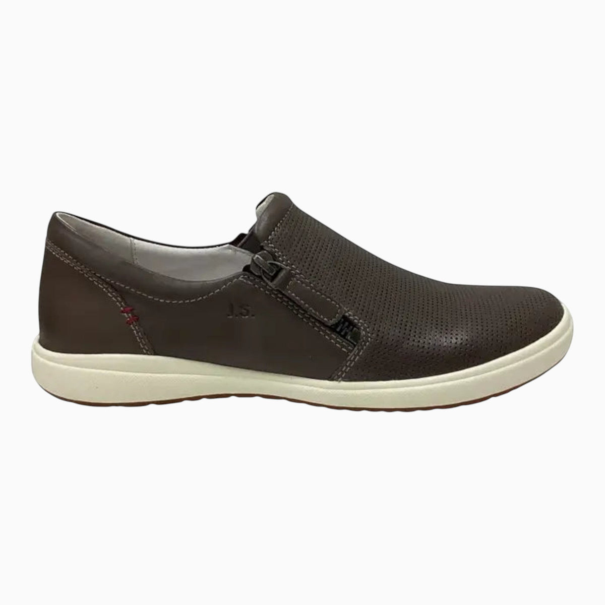 The Shoe Shop Josef Seibel Caren 22 brown leather slip-on shoe with side zip, perforated detail, and white sole.