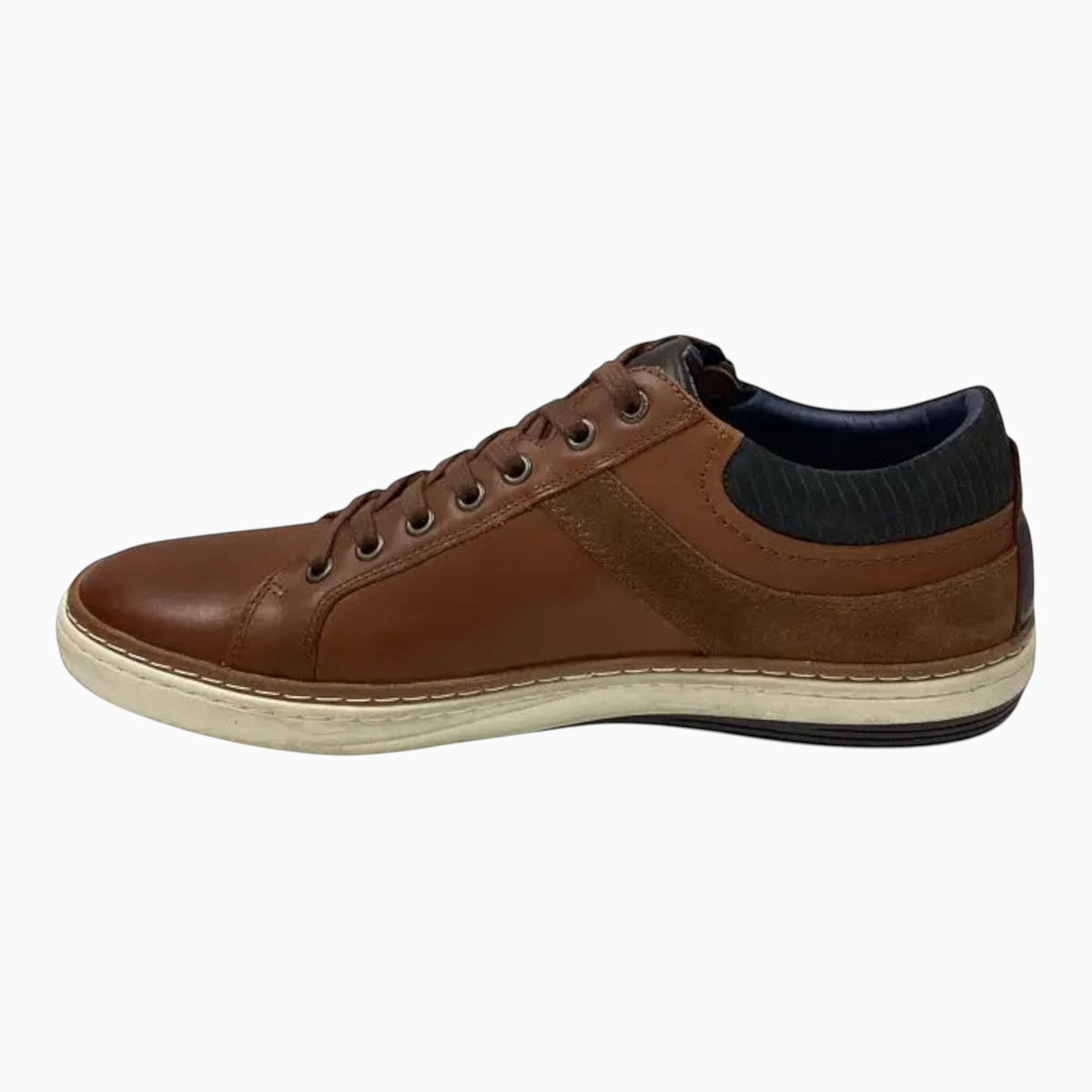 The Shoe Shop Whistle brown full-grain leather sneaker with a side zip and contrast textured heel panel