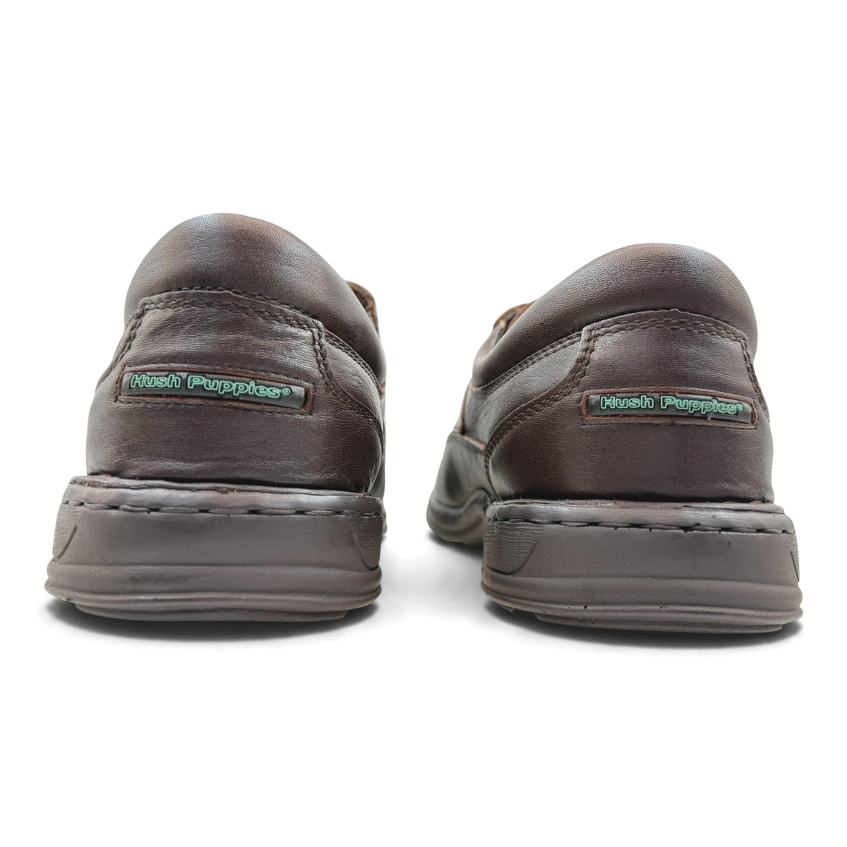 The Shoe Shop brown leather walking shoes viewed from the back showing heel cushioning and branding