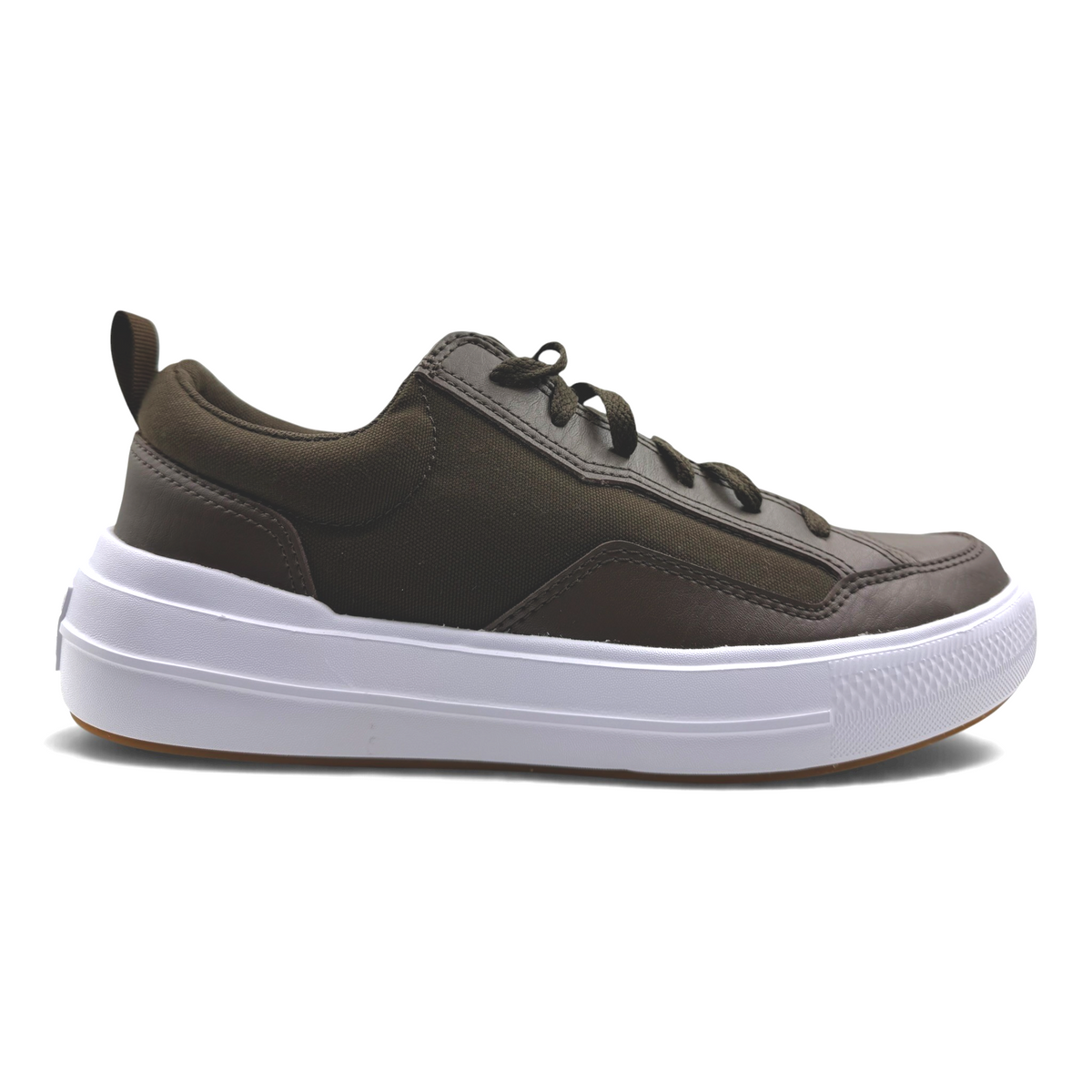 The Shoe Shop A16613C dark brown canvas and leather low-top sneaker with a thick white platform sole