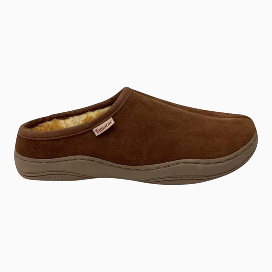 The Shoe Shop Tamarac Scuffy brown suede clog slipper with plush fleece lining and durable rubber outsole