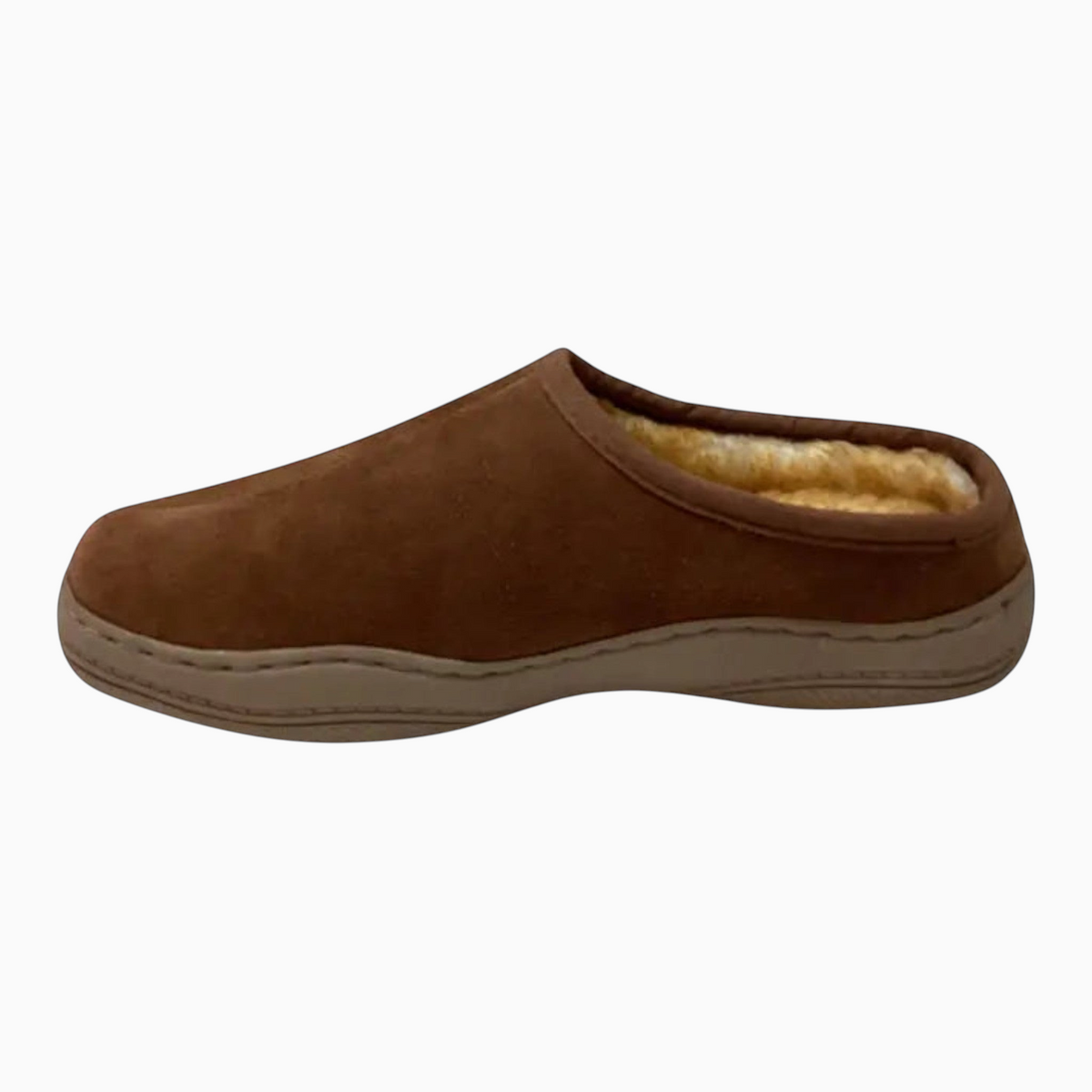 The Shoe Shop Tamarac Scuffy brown suede clog slipper with plush fleece lining and durable traction outsole.