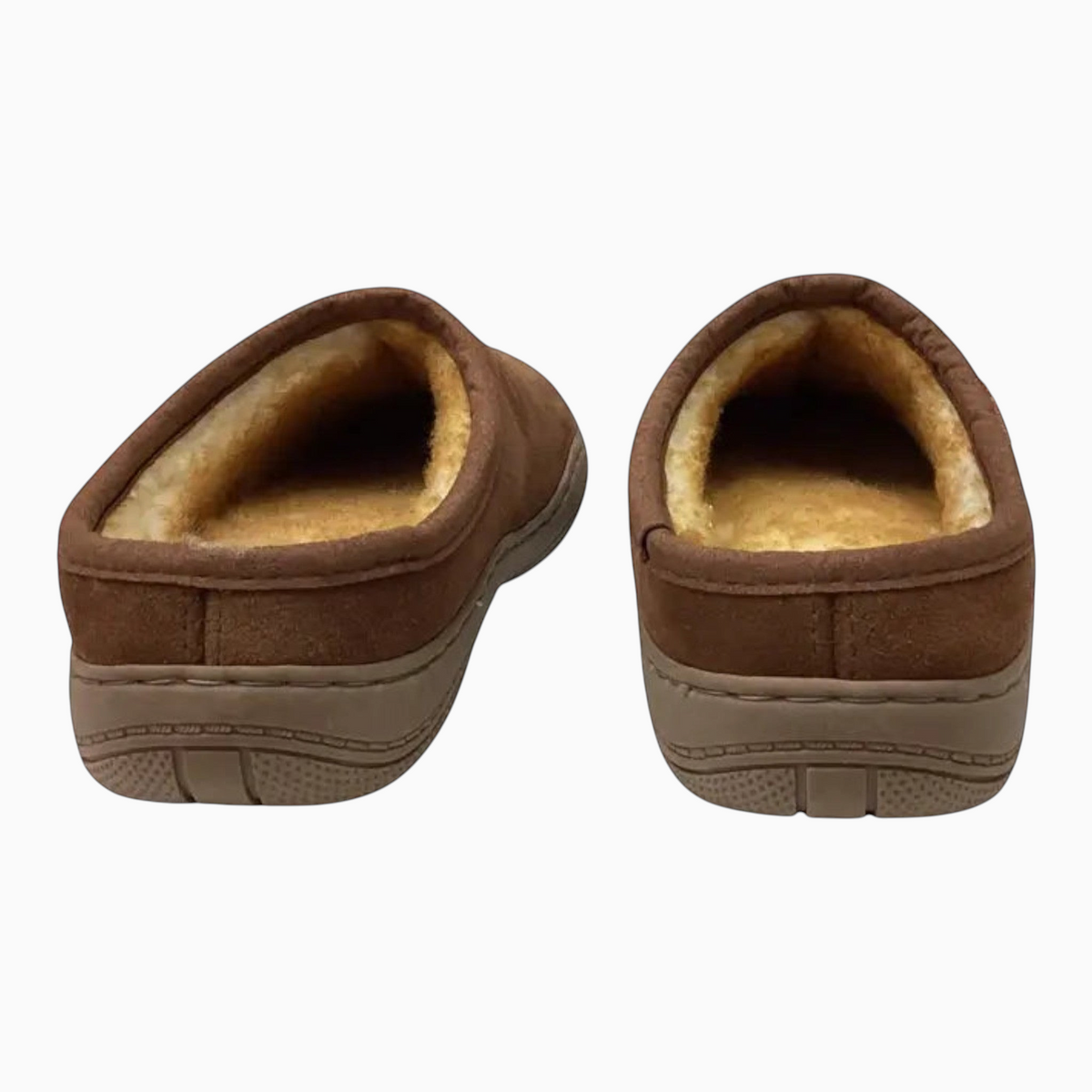 The Shoe Shop Tamarac Scuffy brown suede clog slippers with plush fleece lining and durable rubber outsoles.