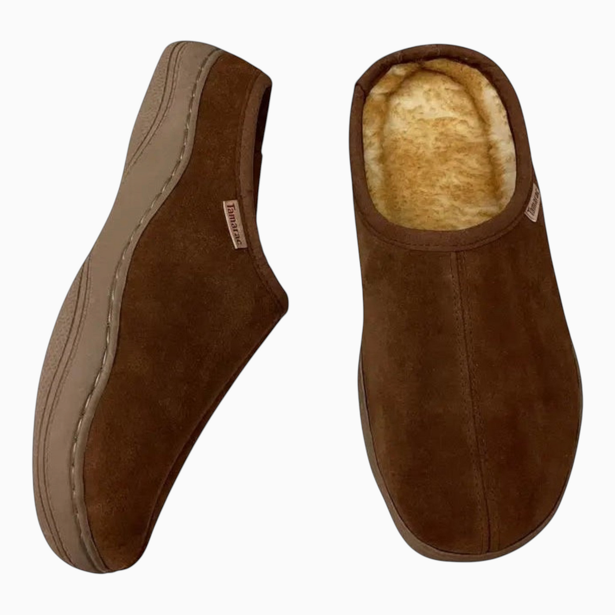 The Shoe Shop Tamarac Scuffy brown suede clog slippers with plush fleece lining and durable outsoles.
