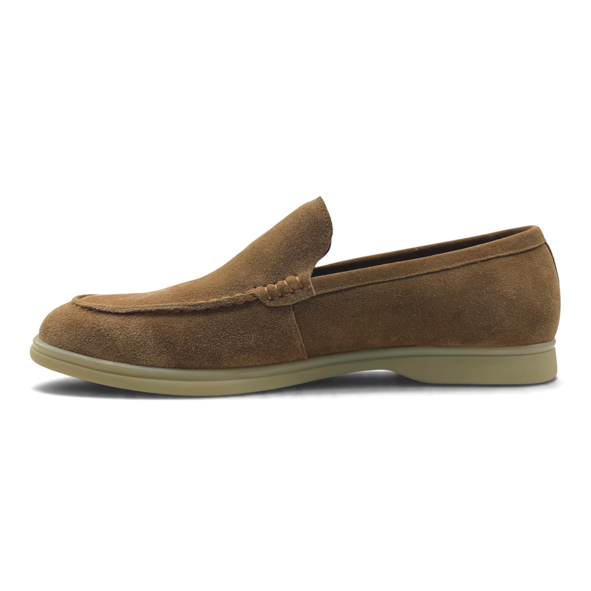 The Shoe Shop Lezly brown suede slip-on loafer with a durable rubber sole and comfortable leather lining