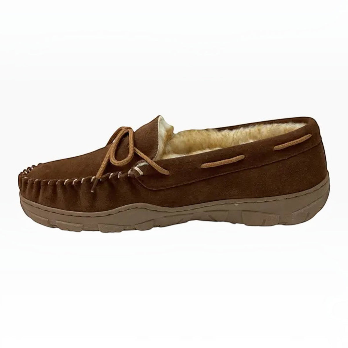 The Shoe Shop Utah moccasin slipper in brown suede leather with a plush fleece lining and side lace detail.
