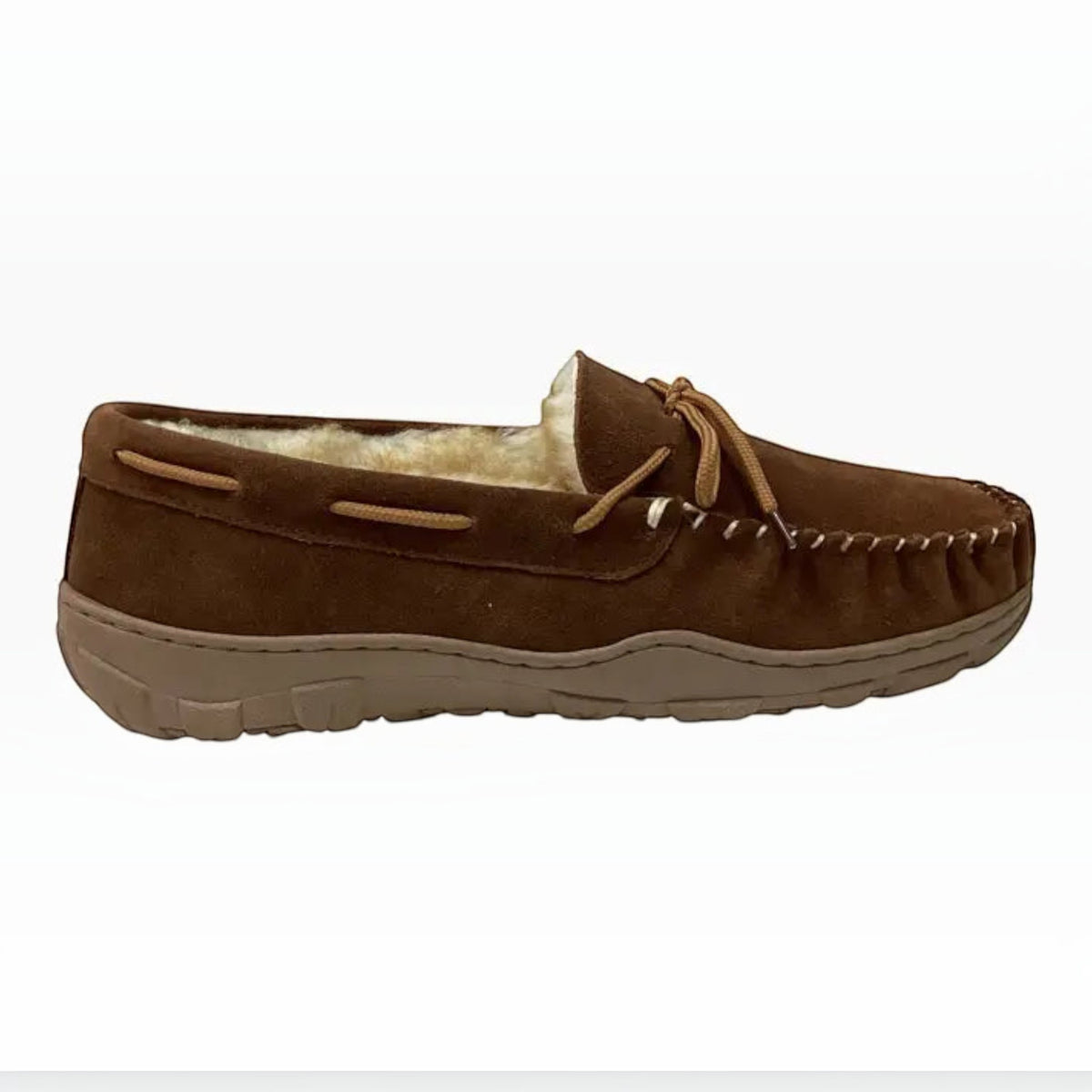 The Shoe Shop Utah moccasin slipper in brown suede leather with a plush fleece lining and durable rubber sole.