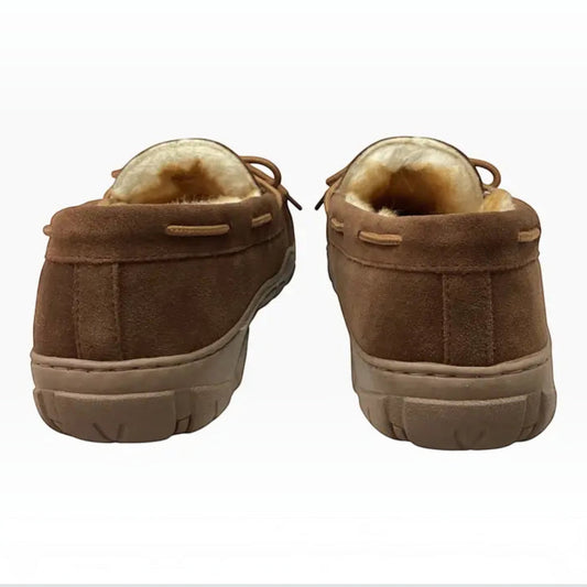 The Shoe Shop Utah moccasin slippers in brown suede leather with plush fleece lining, back view.