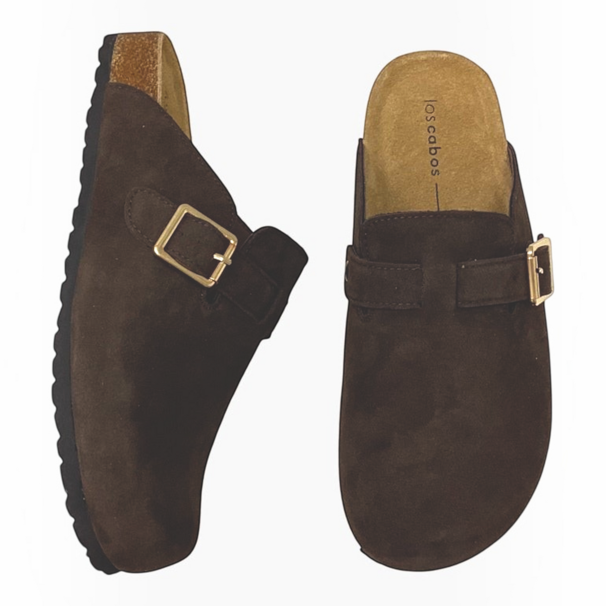 The Shoe Shop Bili mule slides in dark brown recycled suede with an adjustable gold buckle and natural cork footbed.