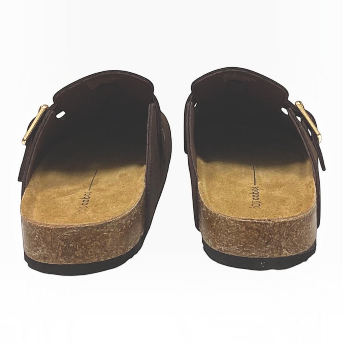 The Shoe Shop Bili mule slides in brown recycled suede with adjustable metal buckles and natural cork footbeds.