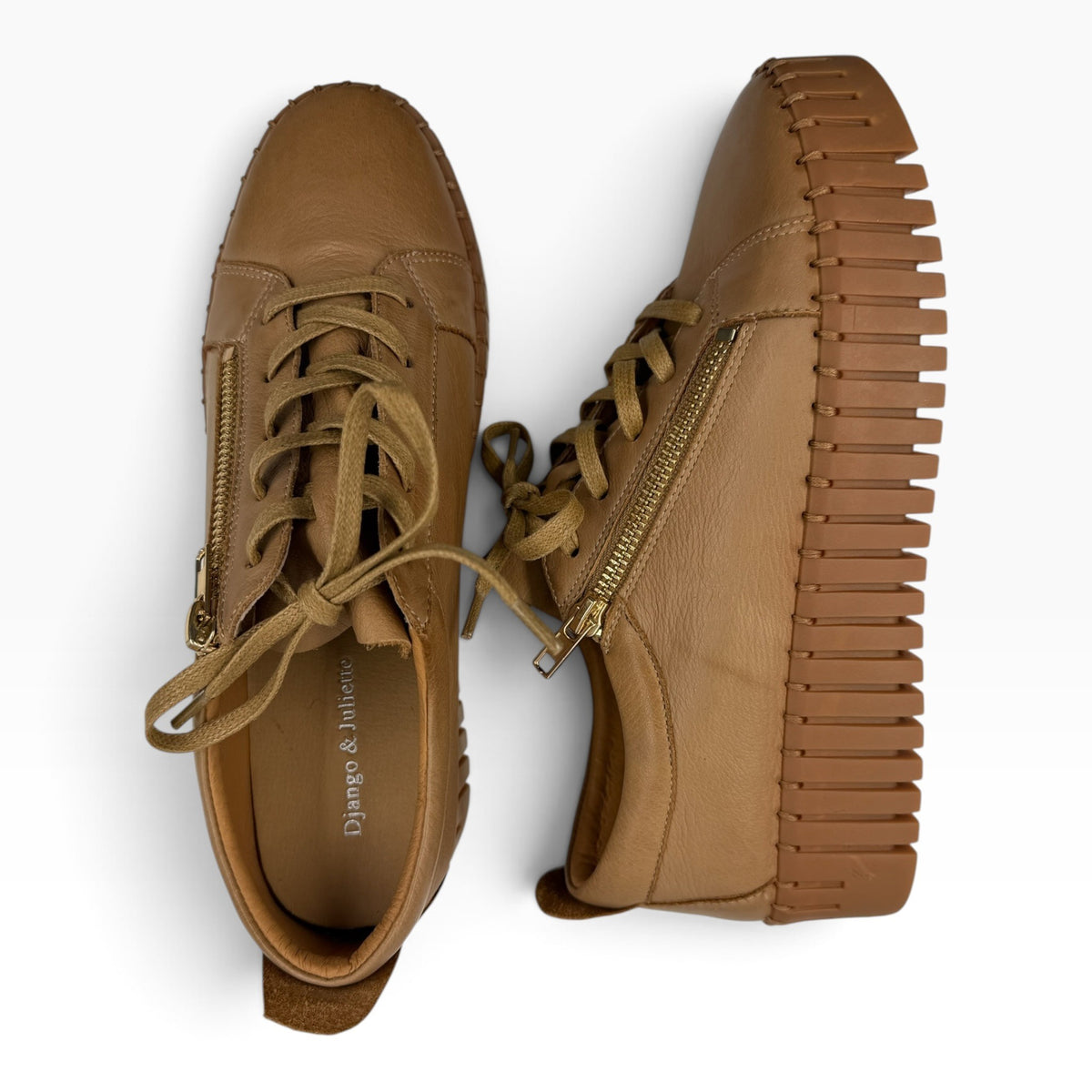 The Shoe Shop Bump cognac leather sneakers with side zip detail and chunky platform soles