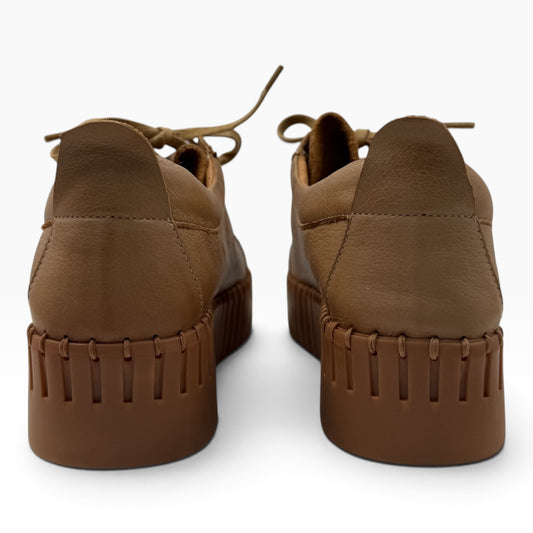 The Shoe Shop Bump cognac brown leather lace-up shoes with a thick, textured platform sole, rear view.