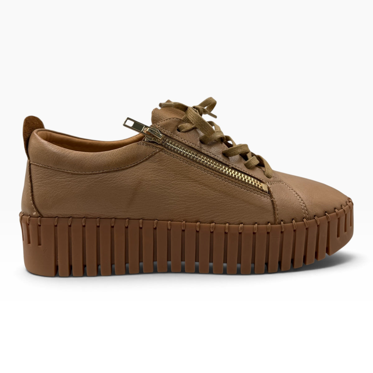 The Shoe Shop Bump cognac brown leather sneaker with a thick ridged platform sole and side zip detail