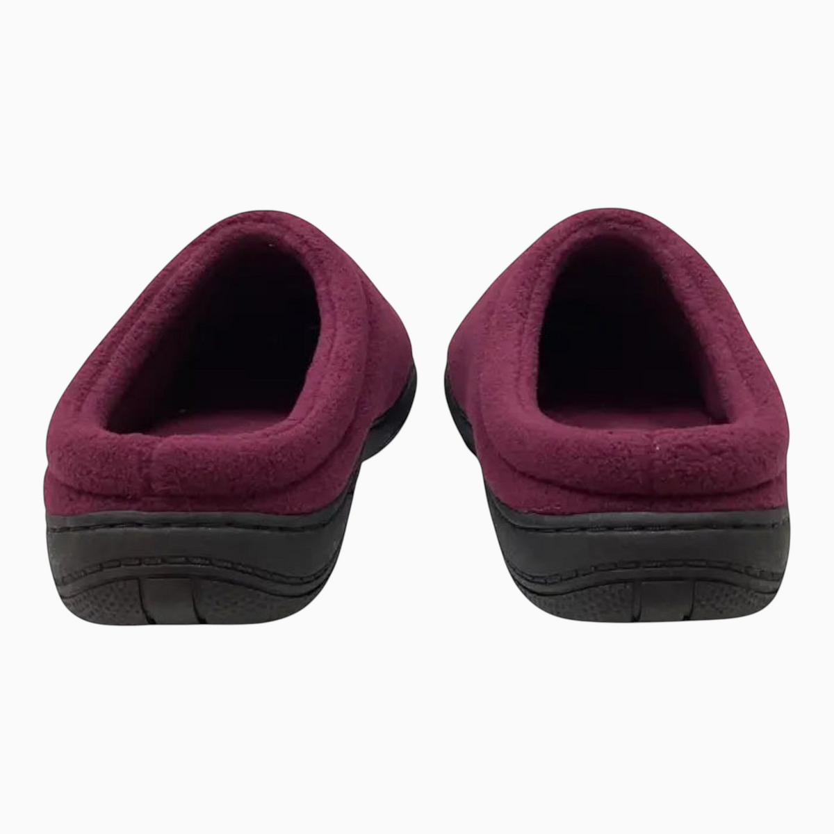 The Shoe Shop Suzie clog slippers in deep burgundy polar fleece with a cushioned insole and slip-on design.