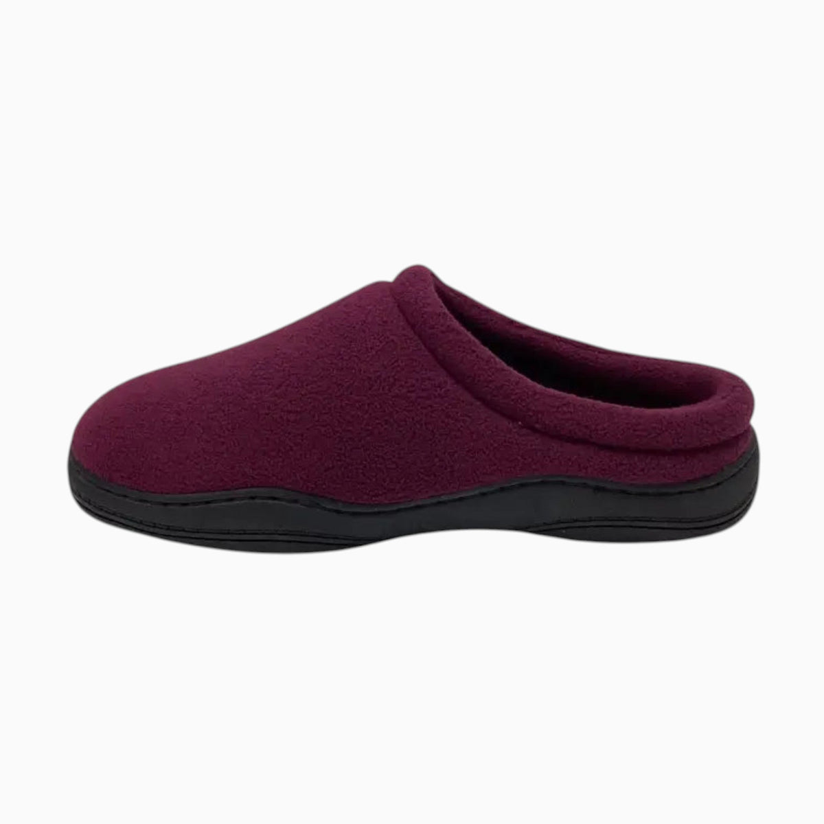 The Shoe Shop Suzie clog slipper in deep burgundy polar fleece with a cushioned insole for home comfort.
