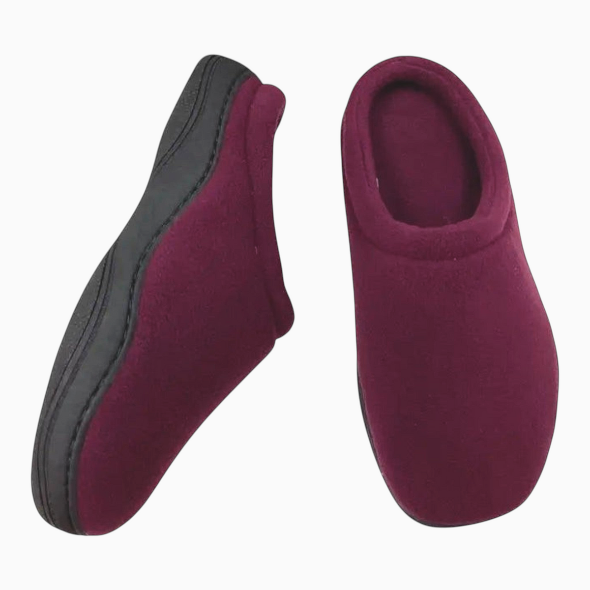 The Shoe Shop Suzie clog slippers in deep burgundy polar fleece with a comfortable cushioned black sole