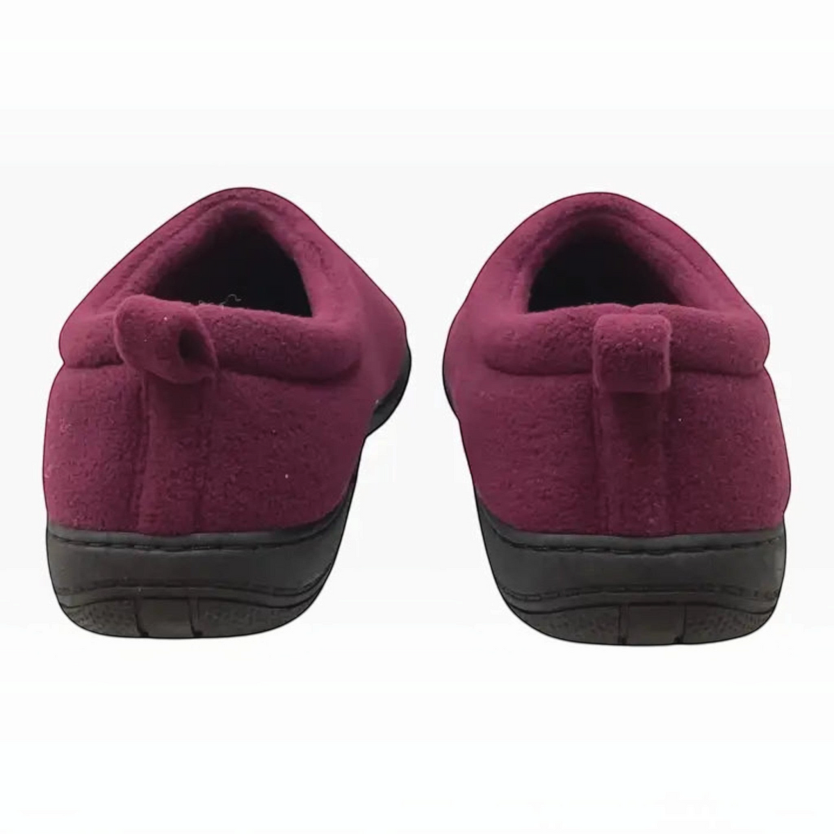 The Shoe Shop Suzie Slipper in deep burgundy polar fleece with a comfortable cushioned sole, rear view.