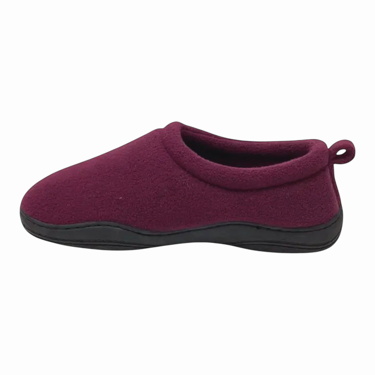 The Shoe Shop Suzie Slipper in deep burgundy polar fleece with a comfortable black cushioned sole side view