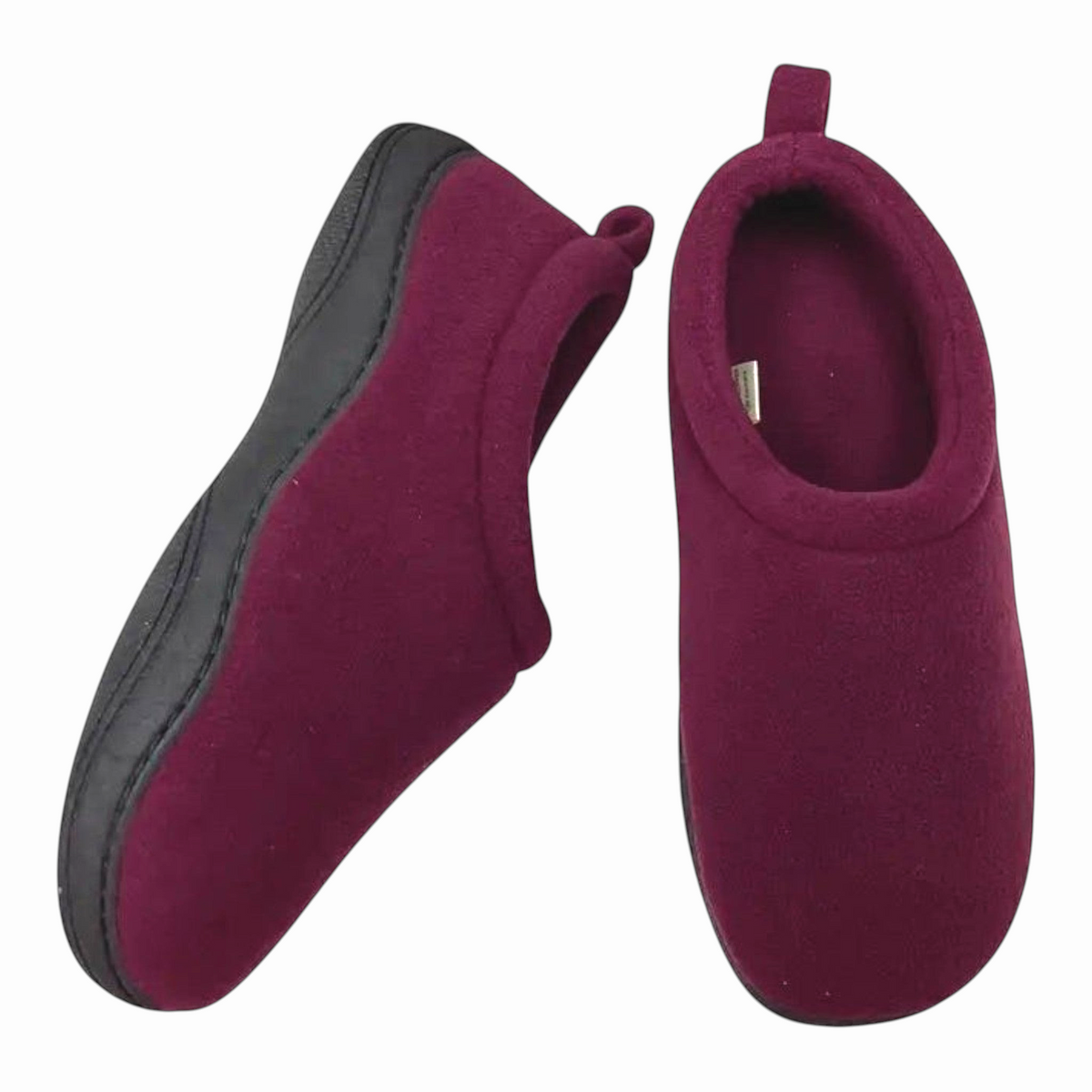 The Shoe Shop Suzie Slipper in deep burgundy polar fleece with a comfortable black cushioned sole