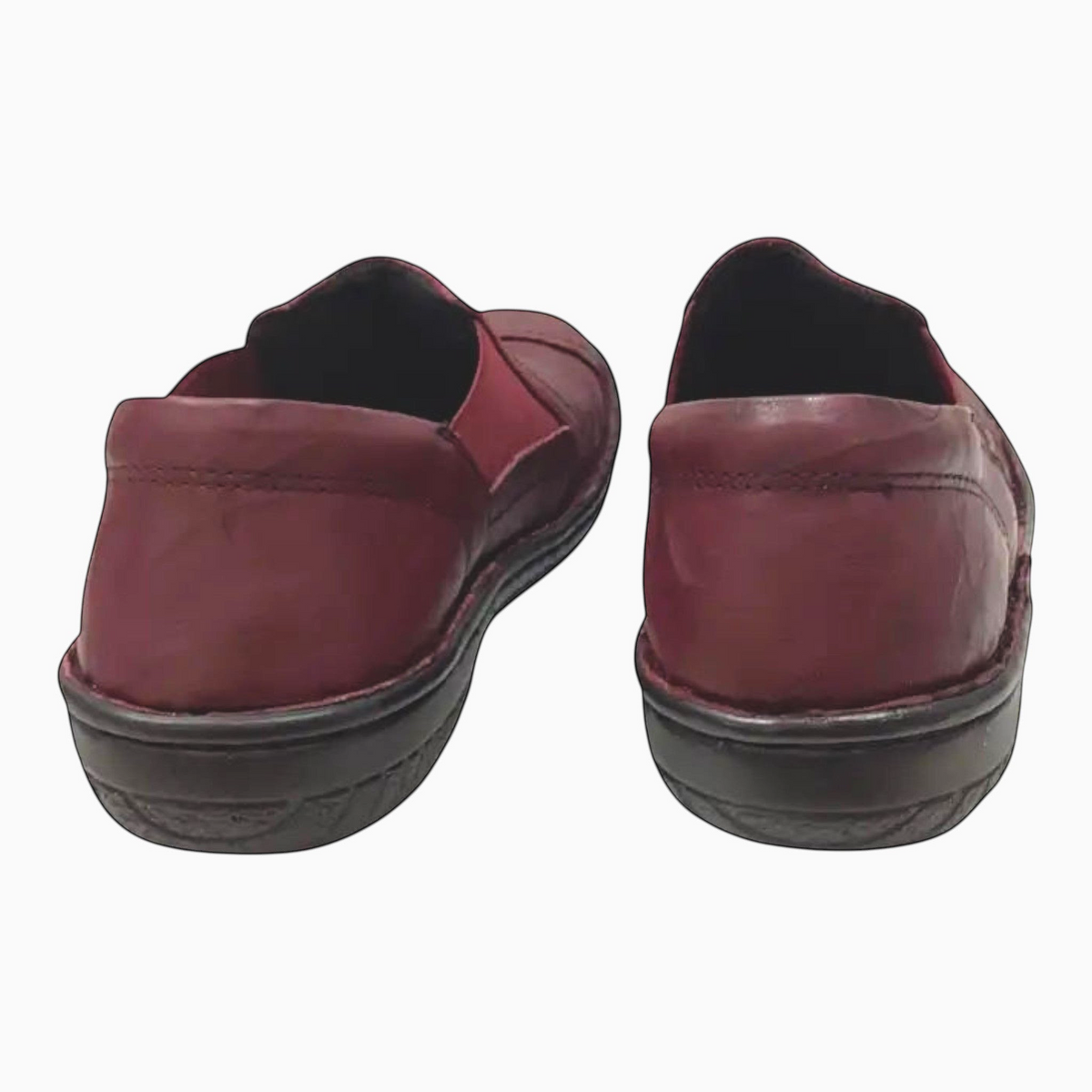 The Shoe Shop Cabello burgundy leather slip-on shoes featuring elastic gussets and a padded heel collar, rear view.