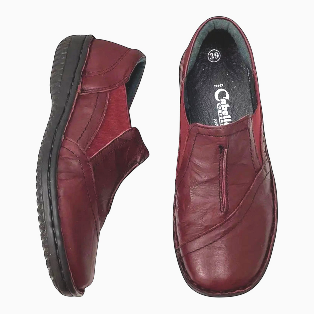 The Shoe Shop Cabello burgundy leather slip-on shoes with elastic gussets and flexible soles for comfort.