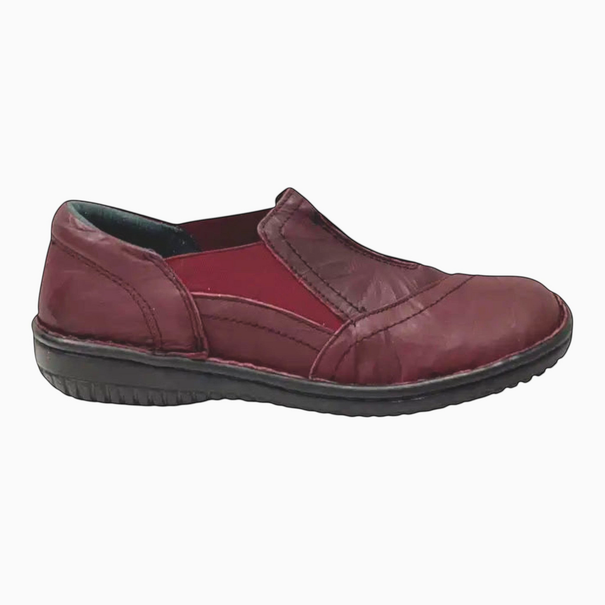 The Shoe Shop Cabello 761-27 burgundy leather slip-on shoe with elastic gussets and a flexible PU sole.