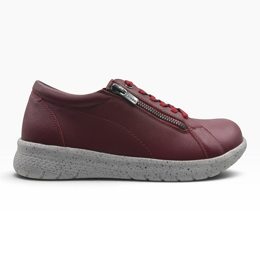 The Shoe Shop Solar XF burgundy leather sneaker with side zip, lace-up closure, and grey speckled slip-resistant sole.