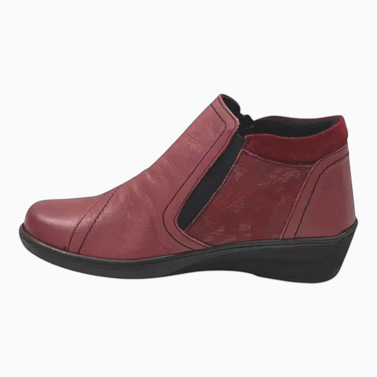 The Shoe Shop CP462-18 burgundy leather wedge boot with elastic gusset, side zip, and padded heel collar.
