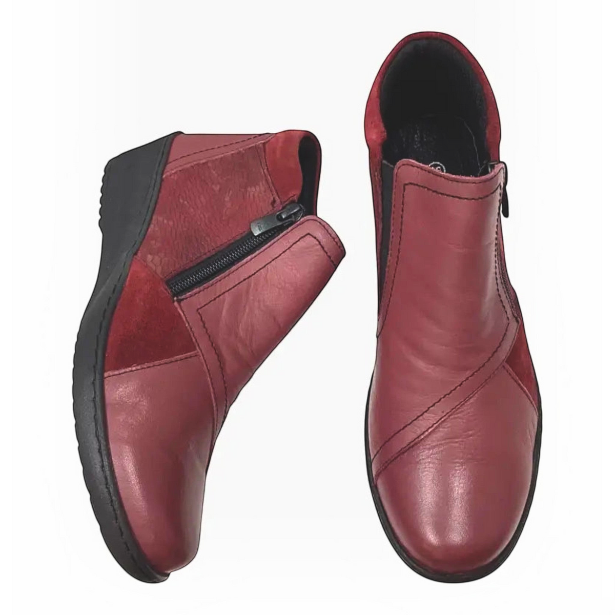 The Shoe Shop burgundy leather wedge boots with patterned detailing, side zip, elastic gusset, and padded collar.