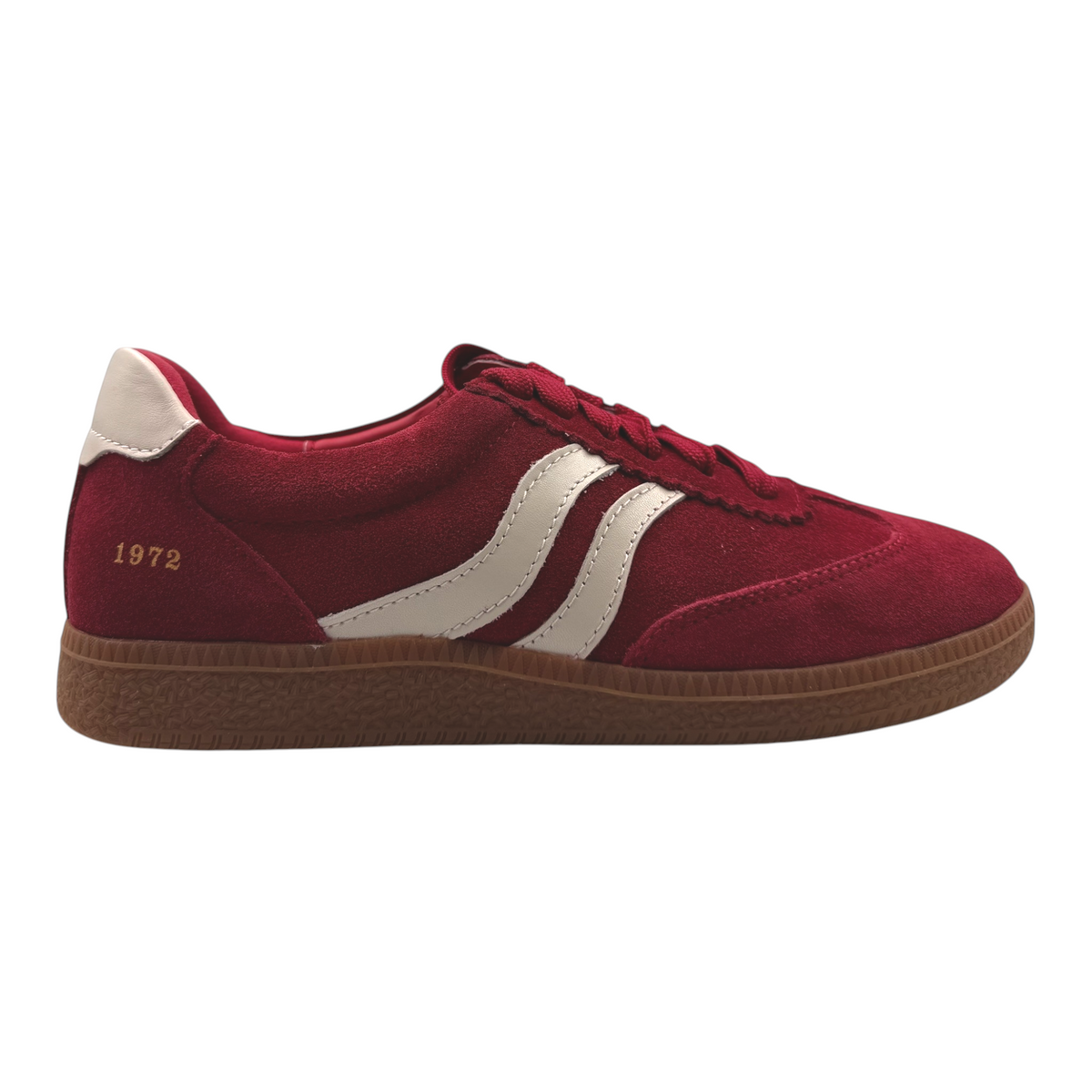 The Shoe Shop Hamptons burgundy suede sneaker with cream side stripes and a gum rubber sole, side view