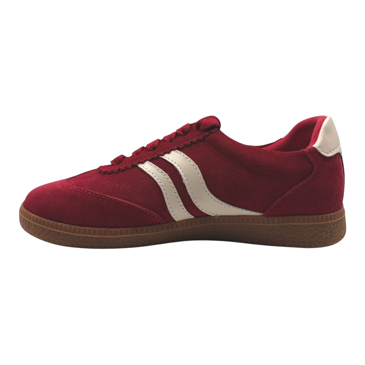 The Shoe Shop Hamptons burgundy suede sneaker with cream side stripes and a gum rubber sole