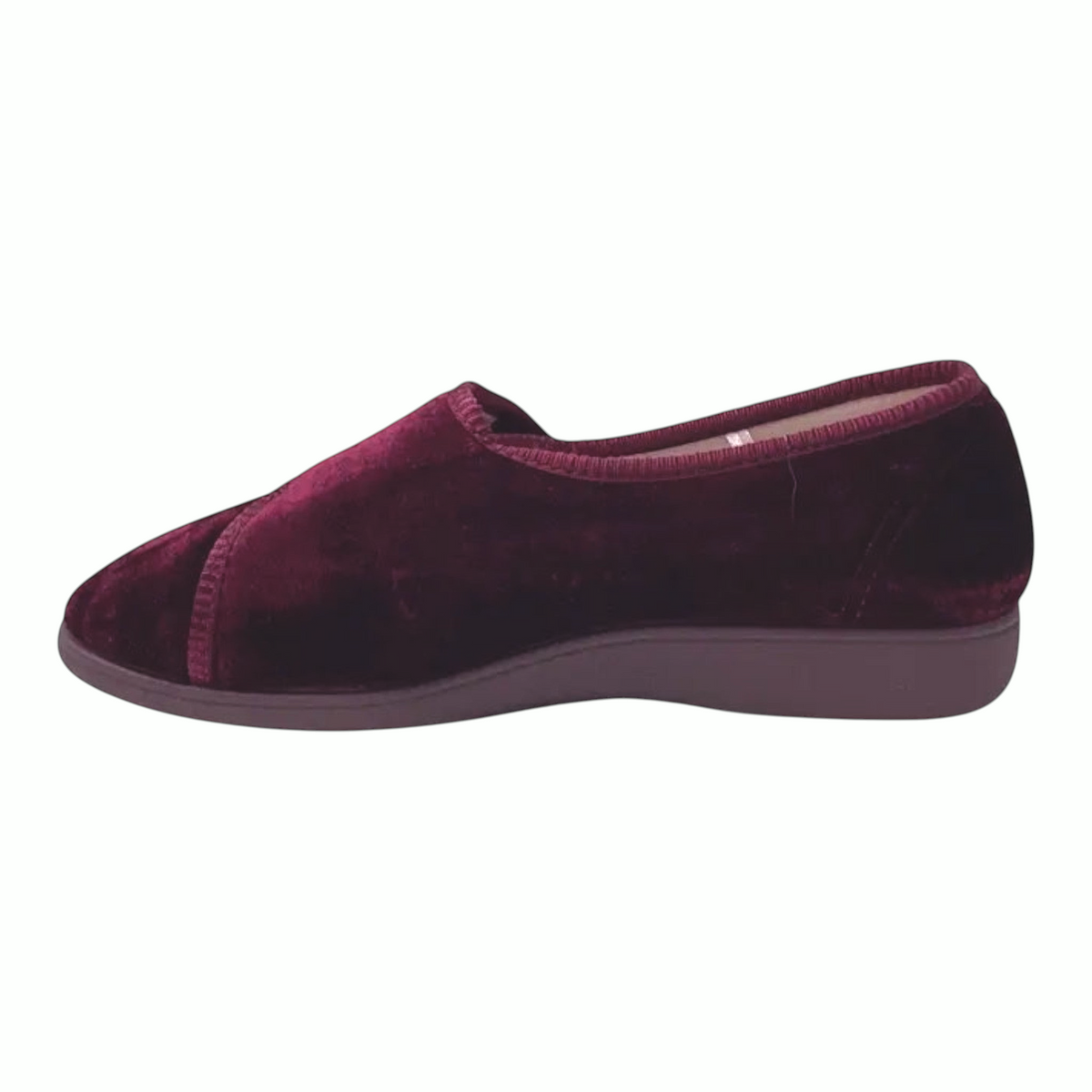 The Shoe Shop Grosby Lilian slipper in deep burgundy velvet with tonal piped trim and a comfortable padded insole.
