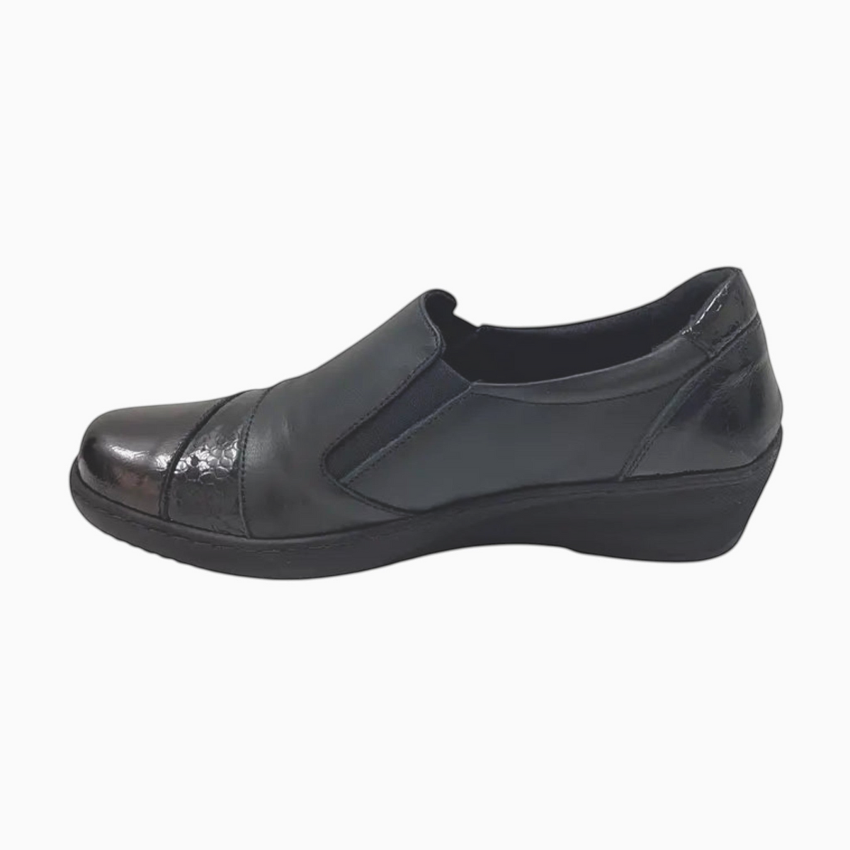 The Shoe Shop Cabello CP461-18 black crinkle leather slip-on loafer with cushioned footbed and flexible sole.