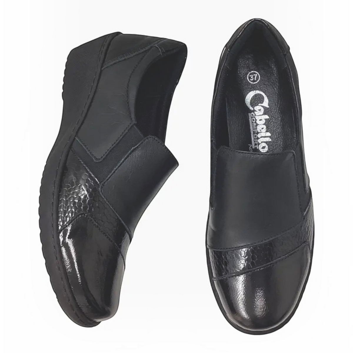 The Shoe Shop Cabello CP461-18 black leather slip-on loafers with crinkle texture and cushioned orthotic insoles.