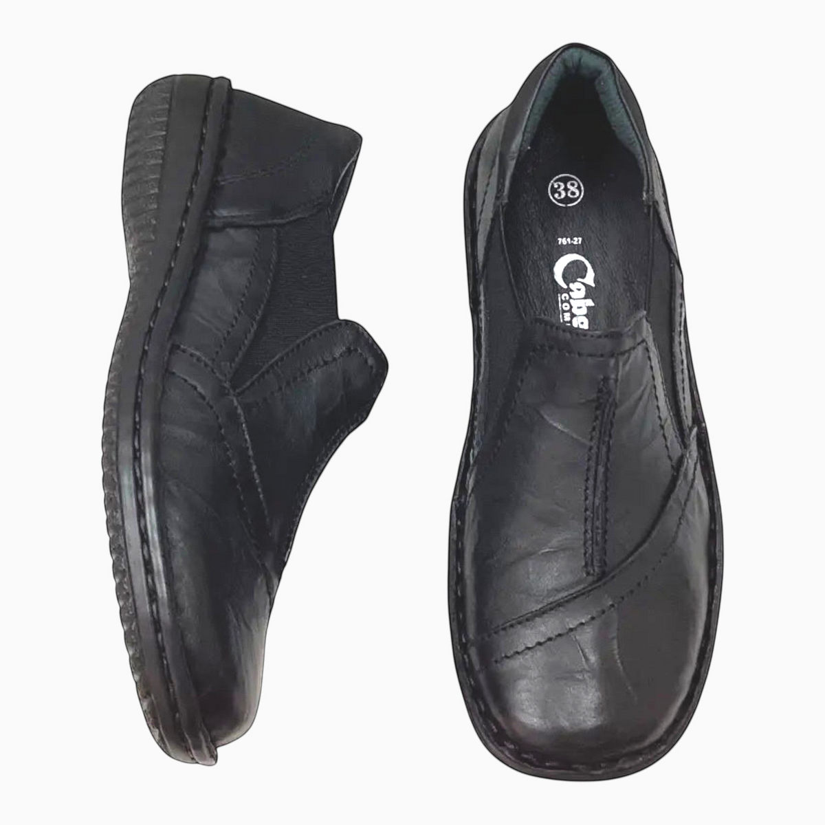 The Shoe Shop Cabello black leather slip-on shoes with elastic gussets and flexible soles for orthotic comfort