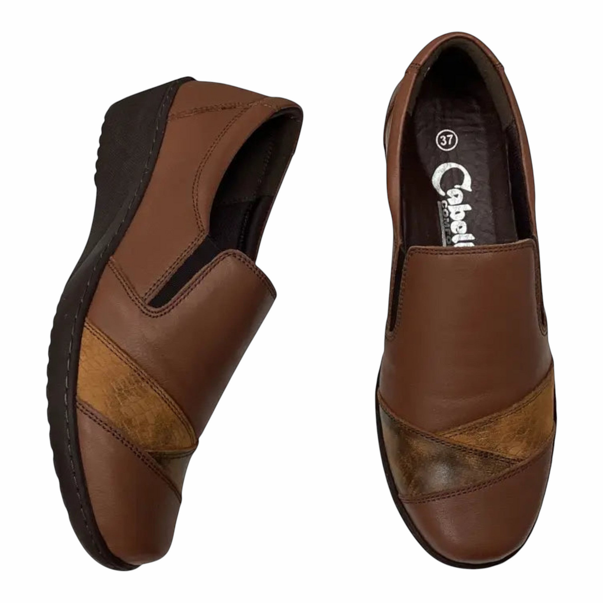 The Shoe Shop Cabello CP736-18 brown leather slip-on shoes with twin elastic gussets and a low wedge heel.