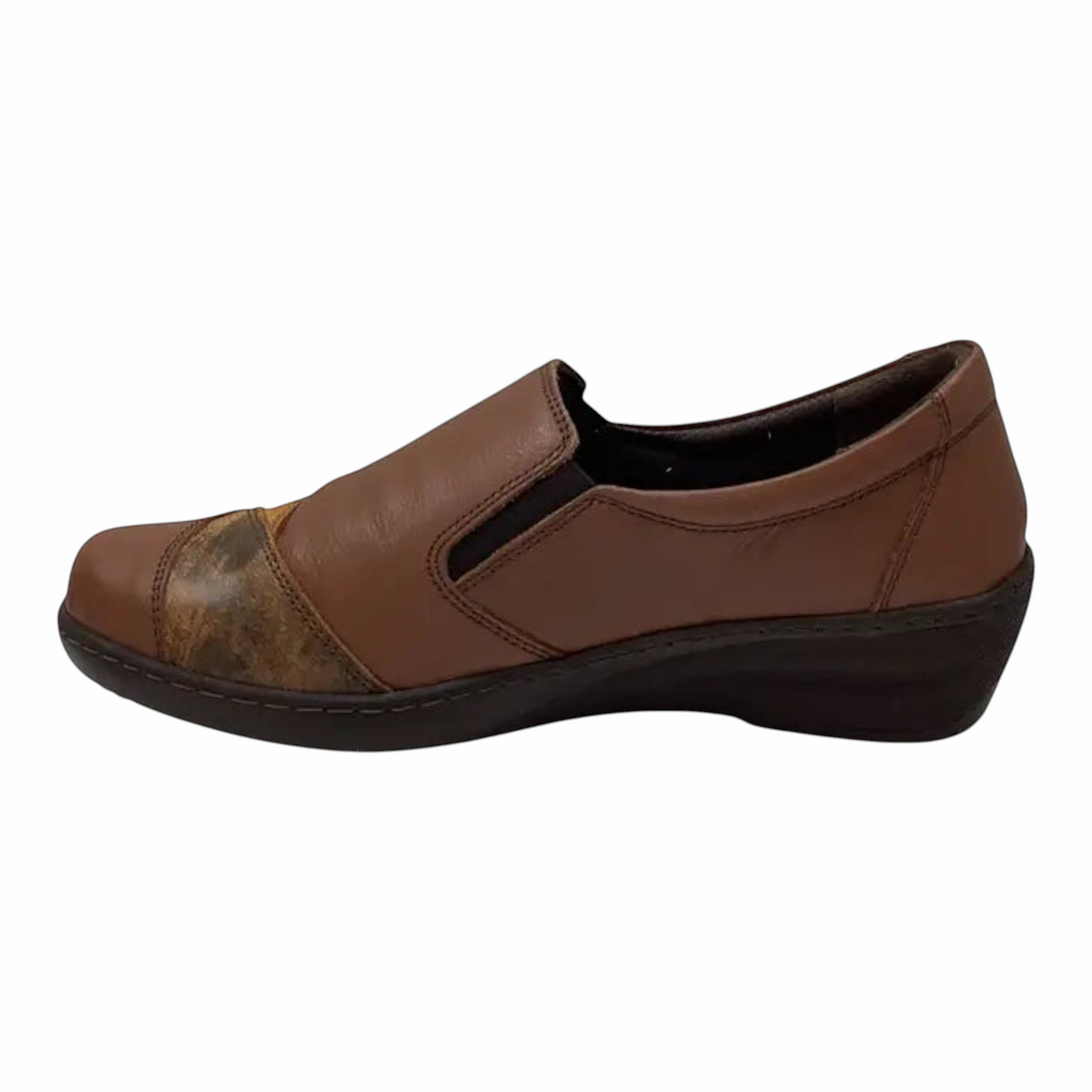 The Shoe Shop Cabello CP736-18 brown leather slip-on shoe with twin elastic gussets and a low wedge heel.